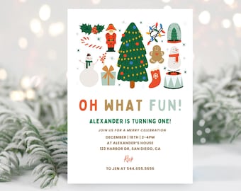 oh quel amusement faire-part de fête d'anniversaire | Téléchargement numérique | Invitation festive pour le 1er anniversaire de garçon de Noël | Modèle de toile modifiable