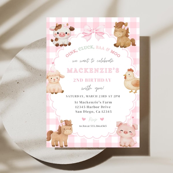 Uitnodiging voor verjaardagsfeestje boerderij met roze strik | Digitale download | Boerderijdierenthema | Bewerkbare sjabloon | Pink Barnyard 2e verjaardagsfeestje