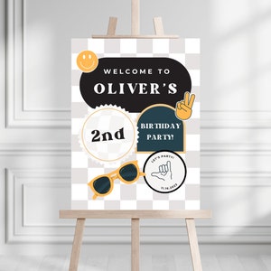 Retro Checkered Smiley Face Welcome Sign | Two Cool Dude Birthday Stickers Sign | Editable Canva Template | Boy 2nd Birthday Welcome Sign
