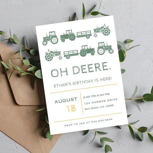 Oh DEERE Tractor Birthday Party Invitation | Instant Download | Editable Canva Template | Modern Tractor Party Invite | Farm Themed Birthday