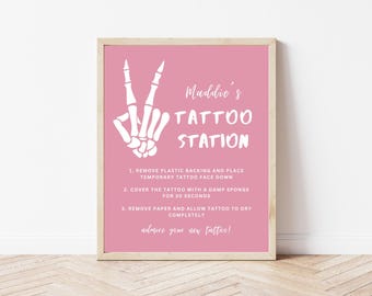 Bad TWO The Bone Birthday Party Tattoo Station Sign | Instant Download | Skeleton Peace Hand Tattoo Sign | Editable Canva Template