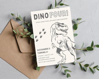 May include: A black and white dinosaur birthday party invitation with the text "Dino Four!" and "Stomp, Chomp, Roar, Let's Party Like a Dinosaur!"  The invitation also includes the text "Alexander's Turning 4!" and details for the party, including the date, time, location, and RSVP information.