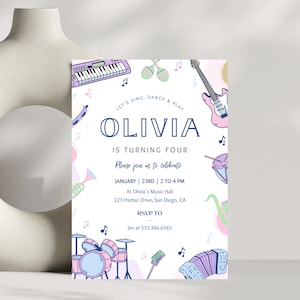 Music Birthday Party Invitation | Instant Download | Musical Instruments Party Invite | Editable Canva Template | Girl Sing and Dance Party