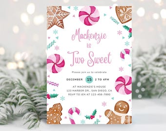 TWO Sweet Birthday Party Invitation | Digital Download | Christmas Sweets Girl 2nd Birthday Invitation | Editable Canva Template