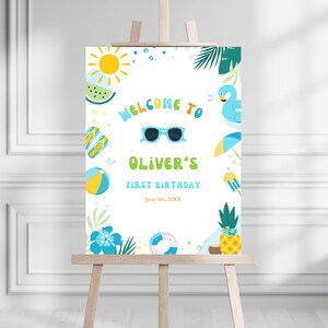 Editable Fun in the Sun Birthday Party Welcome Sign | Tropical Splish Splash Pool Party Sign | Boy Summer Birthday Party | Canva Template