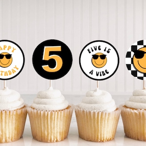 Five is a Vibe Birthday Party Cupcake Toppers | Digital Download | Boy 5th Birthday Decor | Retro Checkered Smiley Face Party Cake Toppers