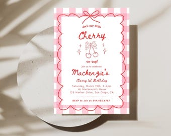 Cherry First Birthday Invitation | Girl Pink Plaid 1st Birthday | Instant Download | Little Cherry on Top Party | Editable Canva Template