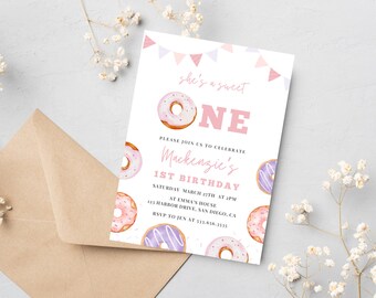 Donut Birthday Party Invitation | Sweet One Birthday Invite | Canva Template | Girl 1st Birthday | Donut Grow Up | Donut Themed Birthday