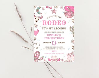 Convite para o meu segundo aniversário com tema de rodeio | Festa rosa de 2º aniversário com tema de rodeio | Modelo editável do Canva | Convite de aniversário de caubói do Velho Oeste