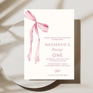 Editable Pink Bow 1st Birthday Invitation | Instant Download | Girl Pink Watercolor Ribbon Blush Pink Birthday Invitation | Canva Template