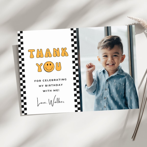 Retro ONE Happy Dude Birthday Thank You Card | Digital Download | Boy 1st Birthday | One Cool Dude Party Thank You | Editable Canva Template