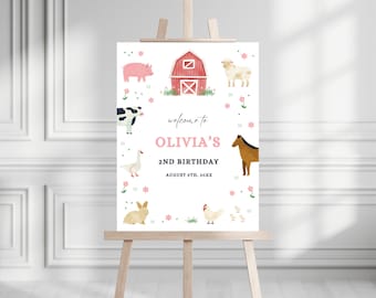Panneau de bienvenue d'anniversaire à la ferme | Panneau de bienvenue pour fête de basse-cour | Fête des animaux de la ferme fille moderne | Modèle de toile modifiable | Téléchargement instantané