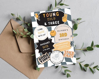 May include: A birthday party invitation with a checkered background and colorful stickers. The invitation says "Young Wild & Three" and "Let's Celebrate Oliver's 3rd Birthday".