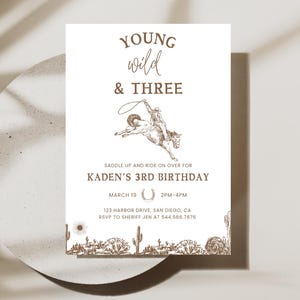 Invito di compleanno Young Wild & Three Western / Download digitale / Ragazzo 3° compleanno / Invito al rodeo da cowboy / Modello Canva modificabile