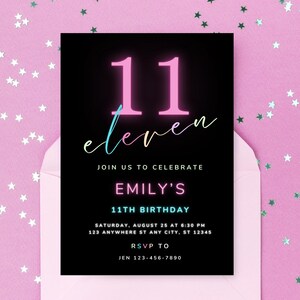Neon Rainbow 11th Birthday Party Invitation | 11th Birthday Invite | Editable Canva Template | Tween Neon Birthday Party | Instant Download