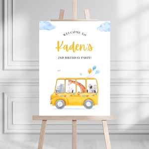 Signo de bienvenida de la fiesta de cumpleaños del autobús escolar amarillo / Descarga instantánea / Ruedas en el autobús / Plantilla Canva editable / Niño cumpleaños niño en el autobús