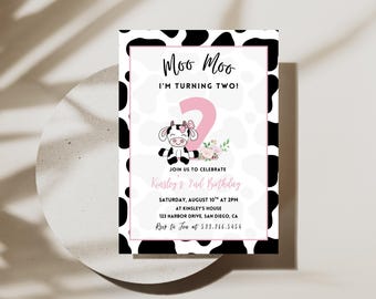 Invitación para fiesta de cumpleaños "Moo Moo, tengo dos años" / Descarga instantánea / Fiesta temática de vaca rosa / Segundo cumpleaños de niña en el corral / Plantilla editable de Canva