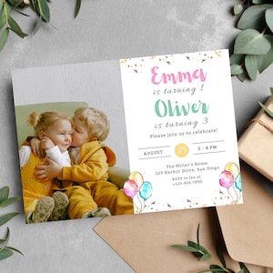Editable Siblings Birthday Photo Invitation | Joint Birthday Invitation | Canva Template | Instant Download | Joint Party Photo Invitation