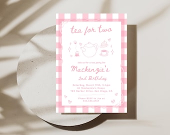 Tea for TWO Geburtstags-Party Einladung | Digitaler Download | Niedliche Rosa Mädchen Geburtstags-Einladung mit Schleife Bearbeitbare Canva Vorlage | Kaffeekränzchen
