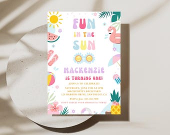 Fun in the Sun Einladung zur Geburtstagsparty Tropische Splish Splash Pool Party Einladen | Mädchen-Sommer-Geburtstagsfeier | Bearbeitbare Canva Vorlage