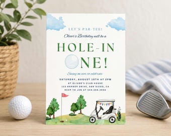 Hole in ONE First Birthday Party Invitation | Instant Download | Modern Golf Invite | Golf Par-Tee 1st Birthday | Editable Canva Template