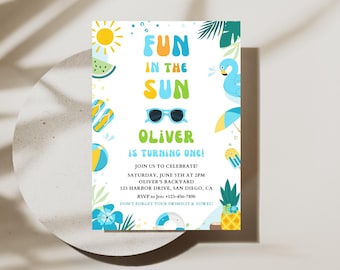 Invitación editable para fiesta de cumpleaños divertida bajo el sol / Fiesta en la piscina con chapoteo tropical / Fiesta de cumpleaños de verano para niño / Plantilla de Canva