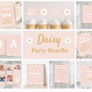 May include: A selection of pink and white daisy-themed party decorations. The set includes invitations, cupcake toppers, signs, photo cards, and a 'Thank You' card. Text includes 'Olivia's', 'Happy Birthday', and 'Daisy Party Bundle'.