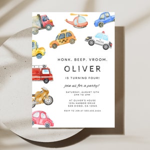 City Cars Transportation Birthday Party Invitation | Instant Download | Truck & Car Party | Editable Template | Honk Beep Vroom Invitation