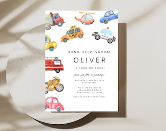 May include: A white invitation card with a watercolor illustration of various vehicles, including a red fire truck, a yellow taxi, a blue police car, a yellow school bus, a red truck, a blue helicopter, a motorcycle, and a red car. The text on the card reads "HONK. BEEP. VROOM. OLIVER IS TURNING FOUR! join us for a party! SATURDAY, AUGUST 12TH 2PM TO 4PM AT OLIVER'S HOUSE 1234 HARBOR DRIVE SAN DIEGO. CA 12345 RSVP TO JEN AT 533.633.2626"
