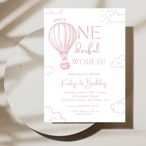What a ONEderful World Birthday Party Invitation | Digital Download | Pink Hot Air Balloon Girl 1st Birthday Party | Editable Canva Template
