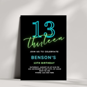 Editable Neon Any Age Birthday Party Invitation | 13th Birthday Invite | Canva Template | Teenager Birthday Party Invite | Instant Download