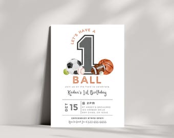 Let's Have a Ball 1st Birthday Invitation, All Star Boy 1st Birthday Party, Instant Download, Sports Themed Party, Editable Canva Template