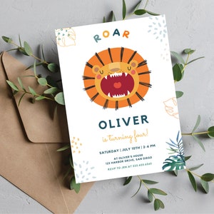 May include: A white invitation card with a cartoon lion roaring. The text on the card reads "ROAR Oliver is turning four! Saturday July 10th 2-4 PM at Oliver's House 125 Harbor Drive, San Diego RSVP to Jen at 533.435.4545".