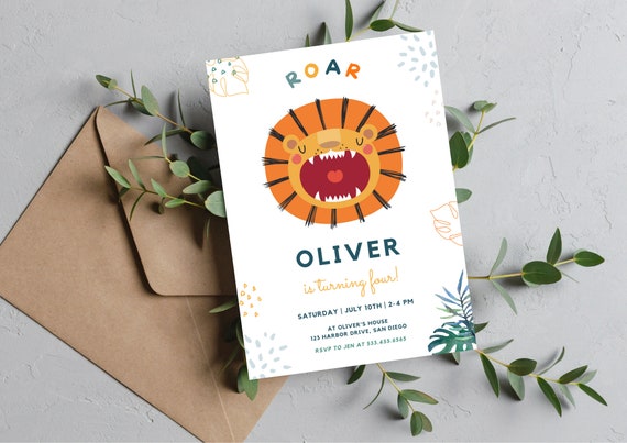 Lion Roar Birthday Invitation | Roar I'm Four | Wild Cat Lion Party Invitation | Boy 4th Birthday | Editable Canva Template
