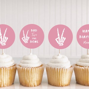 Bad TWO The Bone 2nd Birthday Party Cupcake Toppers | Instant Download | Skeleton Peace Hand Party Decor | Editable Template | Cake Toppers