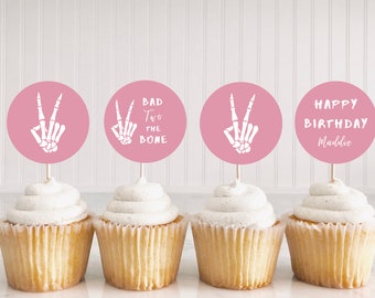 Bad TWO The Bone 2nd Birthday Party Cupcake Toppers | Instant Download | Skeleton Peace Hand Party Decor | Editable Canva Template