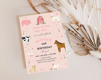 Farm Birthday Party Invitation | Digital Download | Farm Animal Theme | Editable Template | Girl 2nd Birthday | Pink Barnyard Party