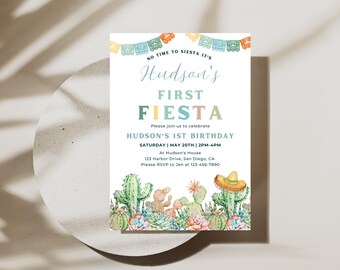 May include: A festive invitation for Hudson's First Fiesta, featuring a colorful design with cacti, succulents, and a sombrero. The invitation includes the text "No Time to Siesta It's" and event details: date, time, and location.