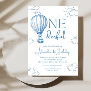 ONEderful 1st Birthday Party Invitation | Hot Air Balloon Birthday | Digital Download | Blue Boy Birthday Invite | Editable Canva Template
