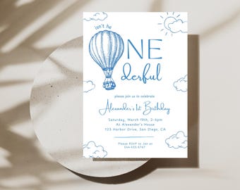 ONEderful 1st Birthday Party Invitation | Hot Air Balloon Birthday | Digital Download | Blue Boy Birthday Invite | Editable Canva Template