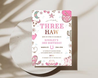 Three Hee Cowgirl Birthday Invitation | Pink Rodeo Party Invite | Editable Canva Template | Cowgirl Western Themed 3rd Birthday