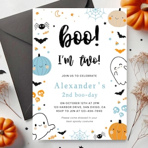 Boo I'm Two Birthday Party Invitation | Digital Download | Ghost Pumpkin Halloween Boy 2nd Birthday Invite | Editable Canva Template