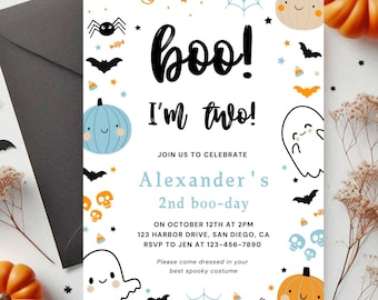 Boo I'm Two Birthday Party Invitation | Digital Download | Ghost Pumpkin Halloween Boy 2nd Birthday Invite | Editable Canva Template