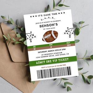 Football Birthday Ticket Invitation | Any Age Football Theme Party | Canva Template | First Year Down, Game On Invite | Boy Birthday Invite