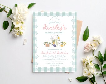 Farmer's Market Birthday Party Invitation | Instant Download | Plaid Farm Market Girl 1st Birthday Party | Editable Canva Template
