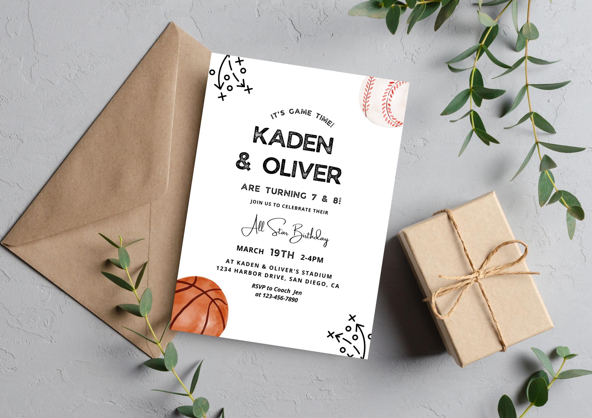 合同誕生日パーティー招待状、野球・バスケットボール試合招待状、即時