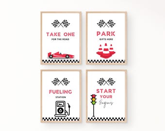 Letreros para fiesta de cumpleaños de carreras / Fiesta temática de carreras rojas / Descarga instantánea / Letreros para fiesta de cumpleaños de carreras / Plantilla editable de Canva
