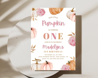 May include: A birthday invitation card featuring watercolor illustrations of pink and orange pumpkins and flowers. The text reads: Our Little Pumpkin Is Turning One, Join Us To Celebrate Madelyn's 1st Birthday, October 23, at 2pm, 1234 Harbor Drive, San Diego, CA, RSVP to Jen 544.355.6767.
