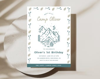 ONE Happy Camper Birthday Party Invitation | Instant Download | Outdoor Camping Themed Birthday | Editable Canva Template | Adventure Awaits