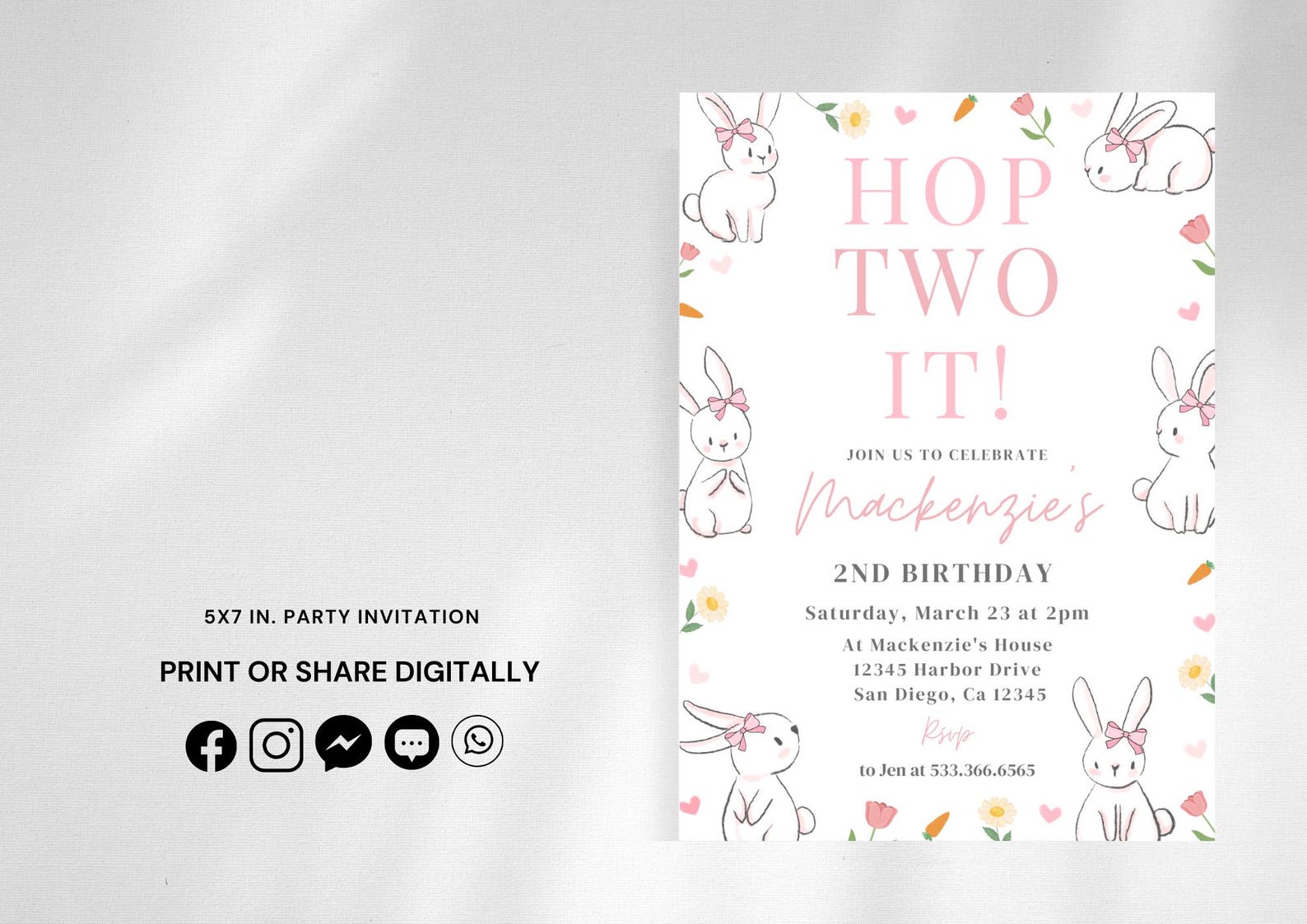 Hop Two Hop Two It Bunny Birthday Invitation | Girl 2nd Birthday | Instant ...